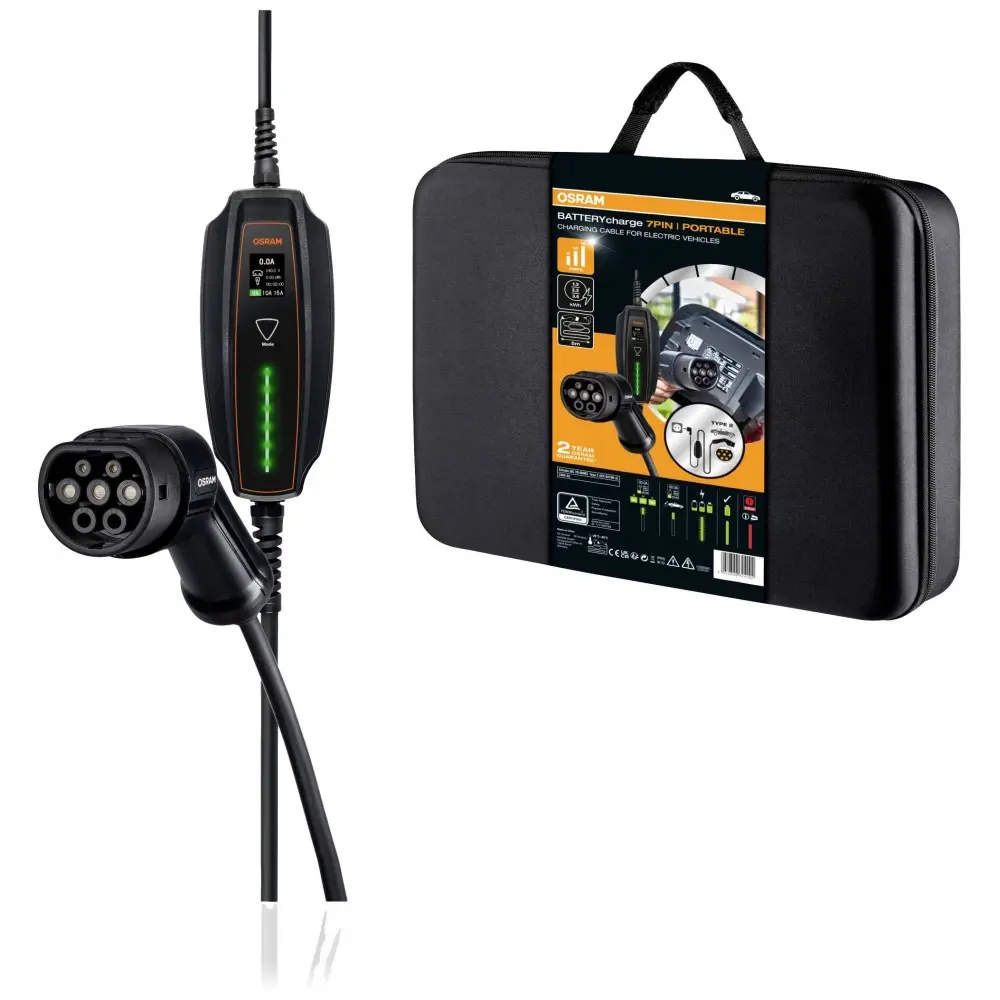 Nødlader Ladekabel Mode 2 Type 2 Osram BATTERYcharge 7PIN | 16A | 3.6 kW - med Schuko kontakt - 5m Image 1