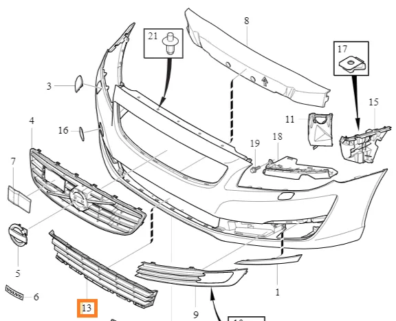 Sentergrill i støtfanger Volvo Genuine® S80 V70 2014-2016 │ midtre