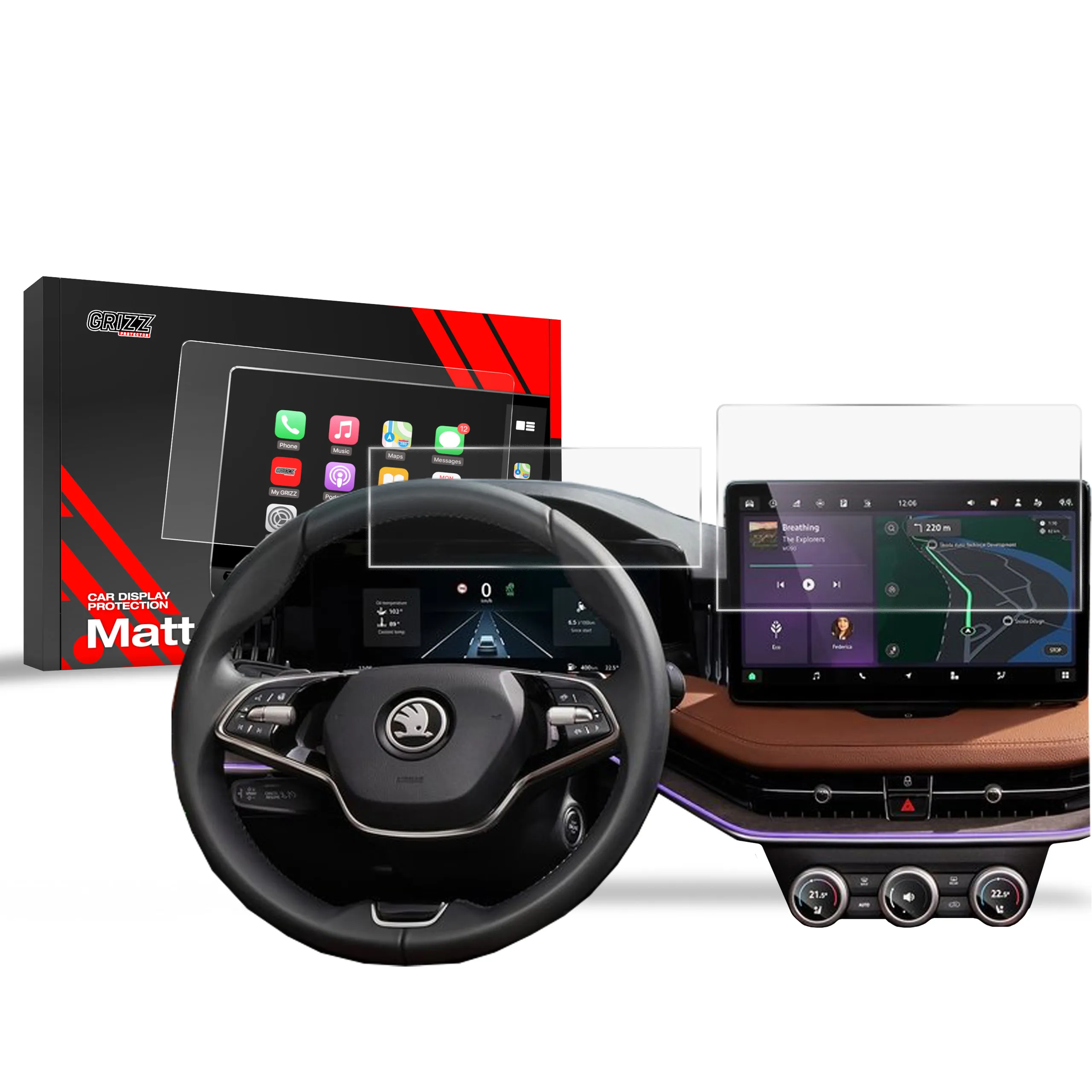 Skjermbeskytter 2-i-1 Skoda Kodiaq II 13" 2024 - 2025 │ Matt Anti-fingeravtrykk Film Grizz MatteScreen