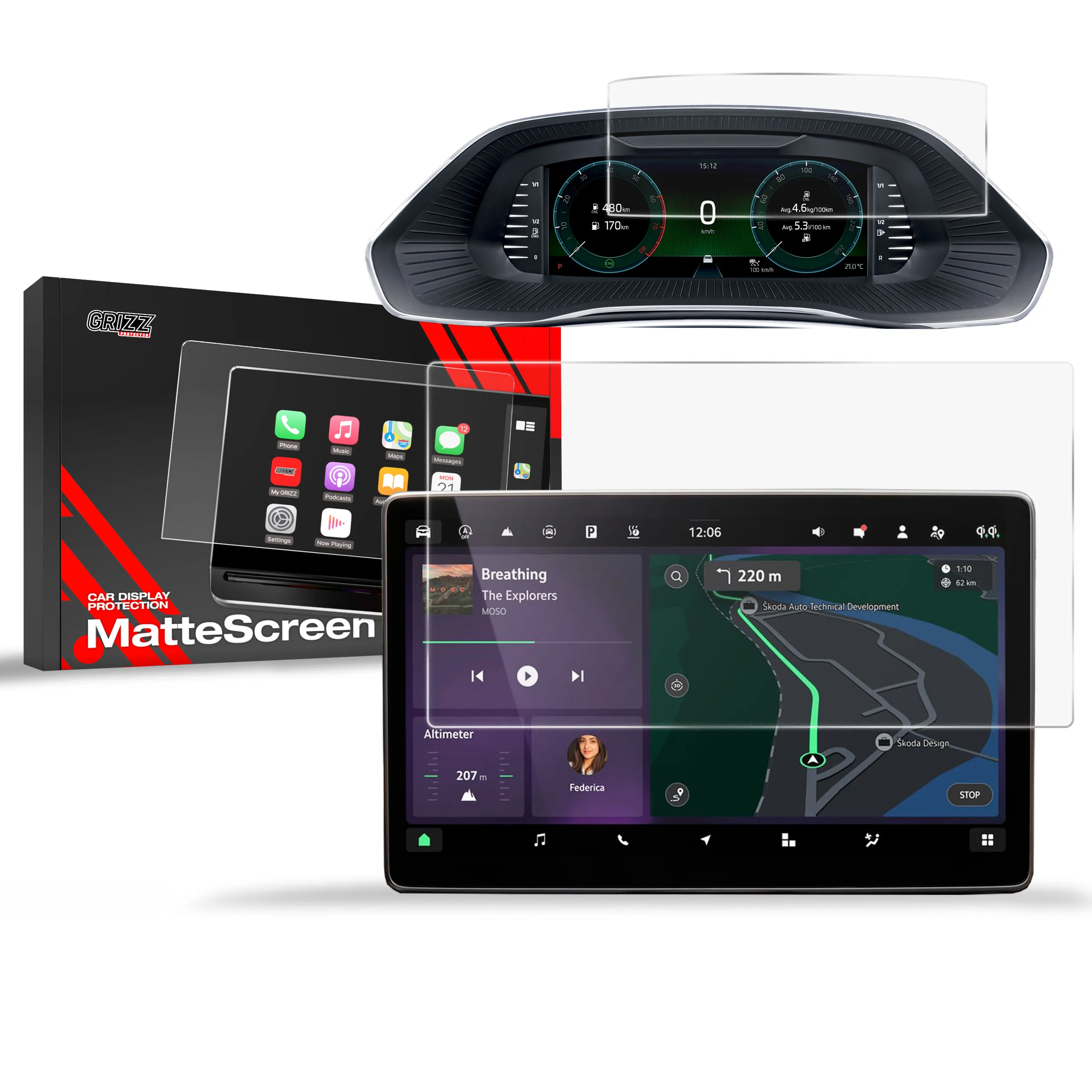 Skjermbeskytter 2-i-1 Skoda Octavia 4 10" Facelift 2024 - 2025 │ Matt Anti-fingeravtrykk Film Grizz MatteScreen