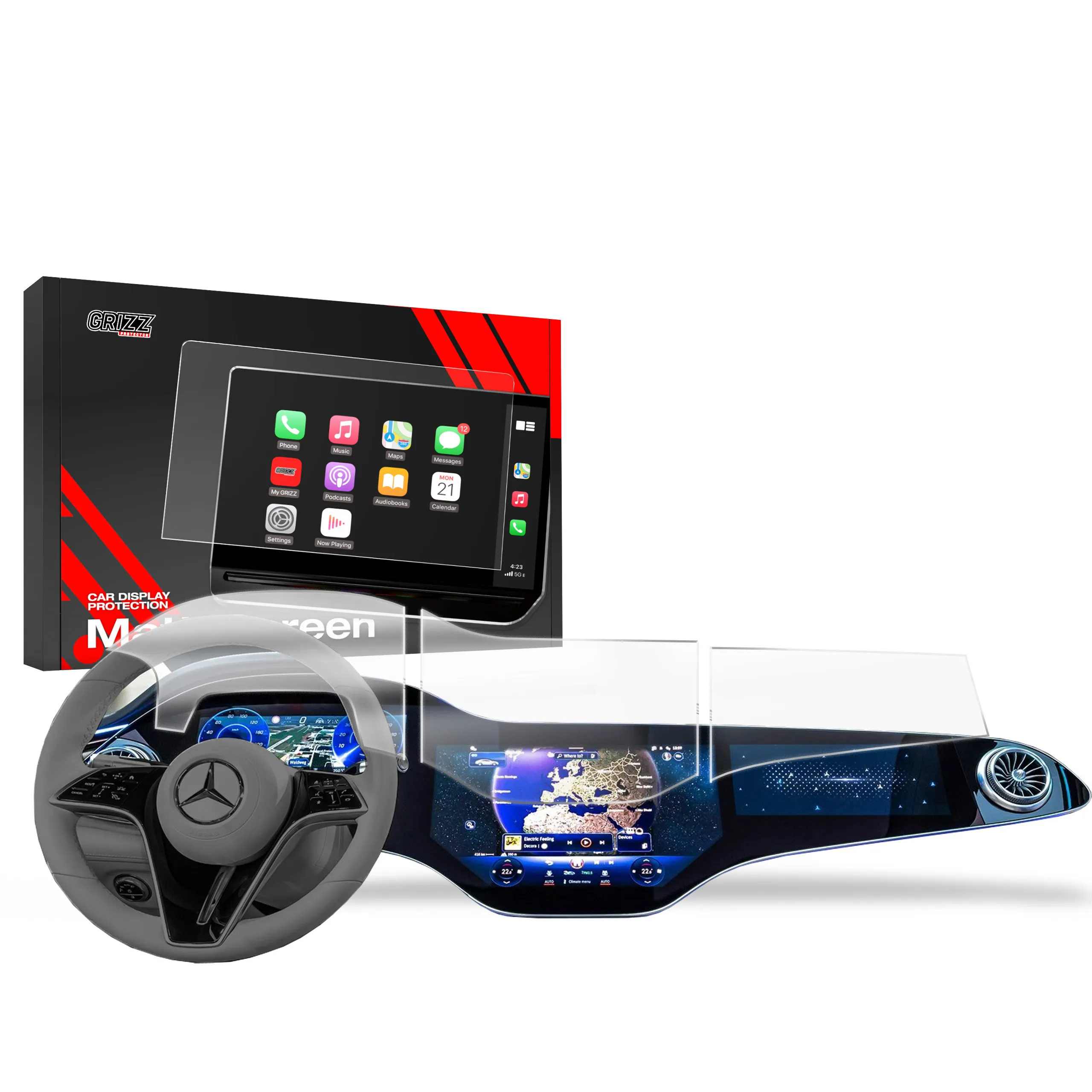 Skjermbeskytter 3-i-1 Mercedes EQS Hyperscreen 2021 - 2025 │ Matt Anti-fingeravtrykk Film Grizz MatteScreen