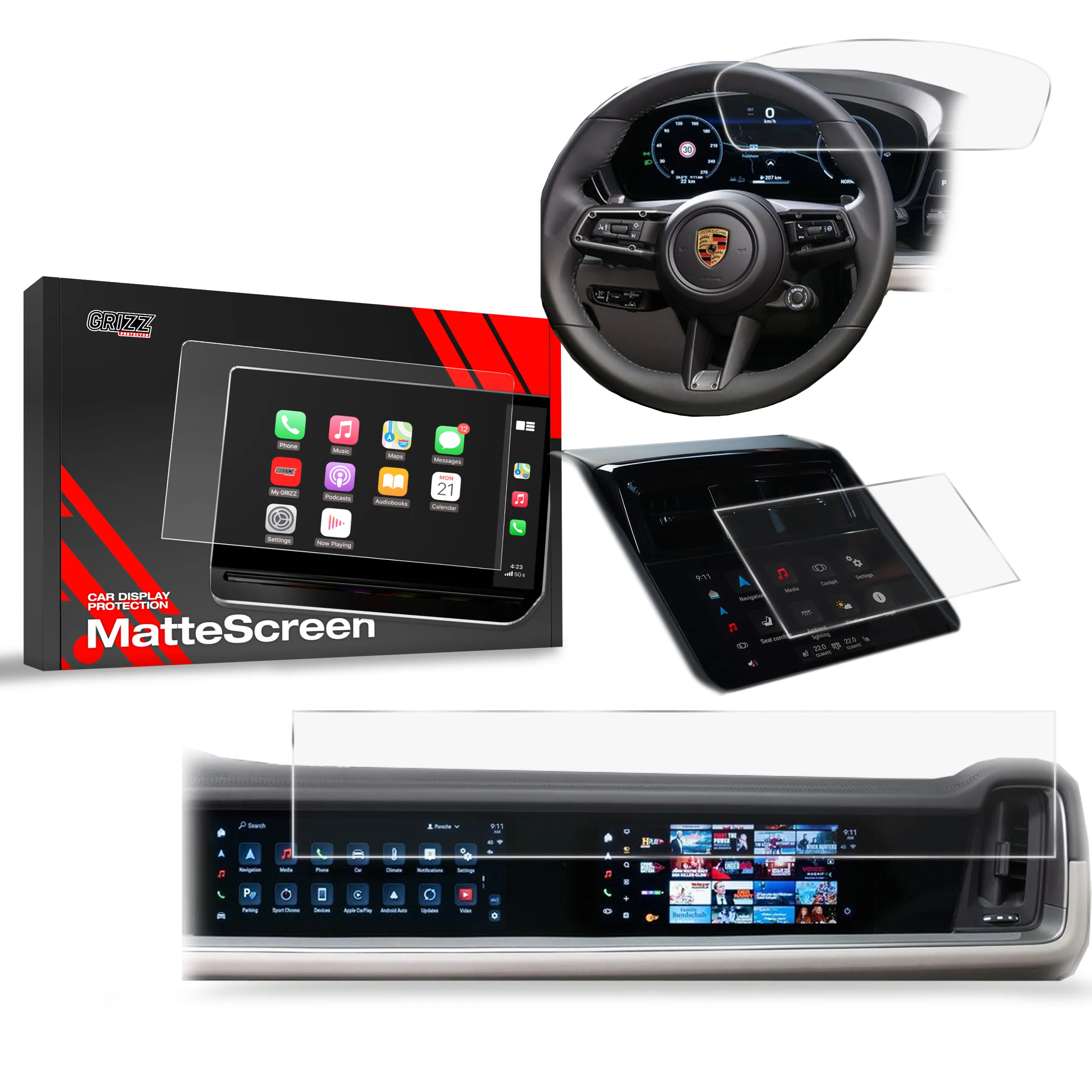 Skjermbeskytter 3-i-1 Porsche Panamera III 12,3" + 10,9“ 2024 - 2025 │ Matt Anti-fingeravtrykk Film Grizz MatteScreen