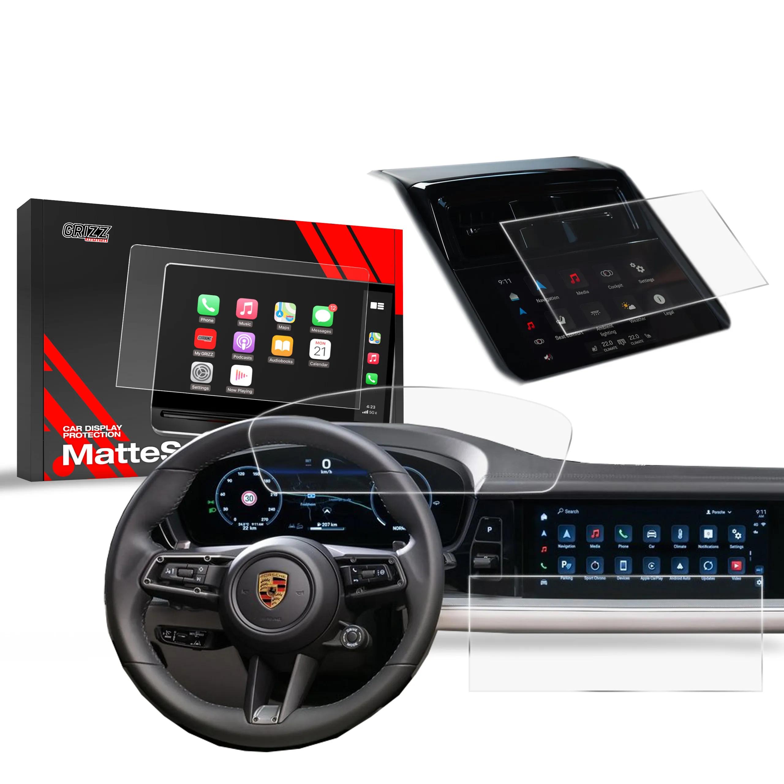 Skjermbeskytter 3-i-1 Porsche Panamera III 12,3" 2024 - 2025 │ Matt Anti-fingeravtrykk Film Grizz MatteScreen
