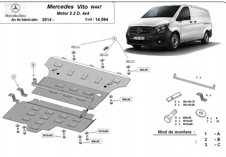 Stålplate bunndeksel Mercedes-Benz Vito / Viano / V-Class (W447) 2014 - 2020 │  for 4x4 firehjulstrekk - - Beskyttelse deksel under motor og girkasse – bilde 2