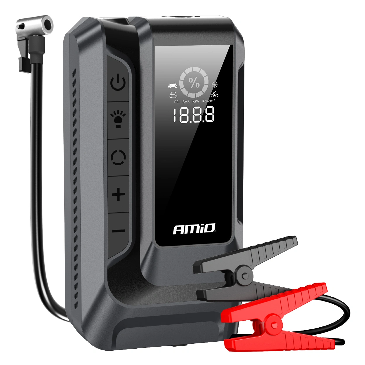 Starthjelp jumpstarter Booster 4 i 1 Amio 12 V │ Startbooster Powerbank Kompresor LED 1600A 12Ah
