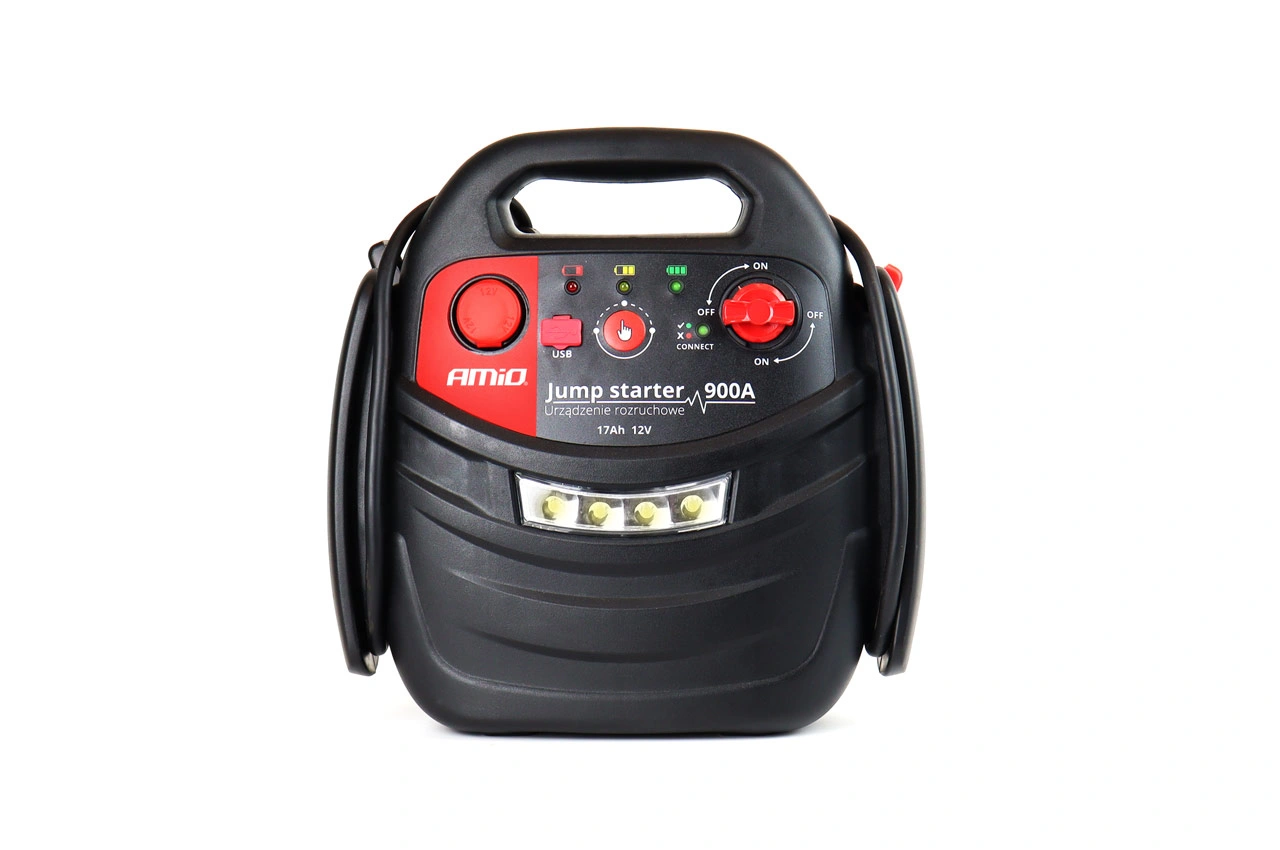Starthjelp jumpstarter Booster 4 i 1 Amio 12 V │ Startbooster Powerbank Kompresor LED 900A 17Ah