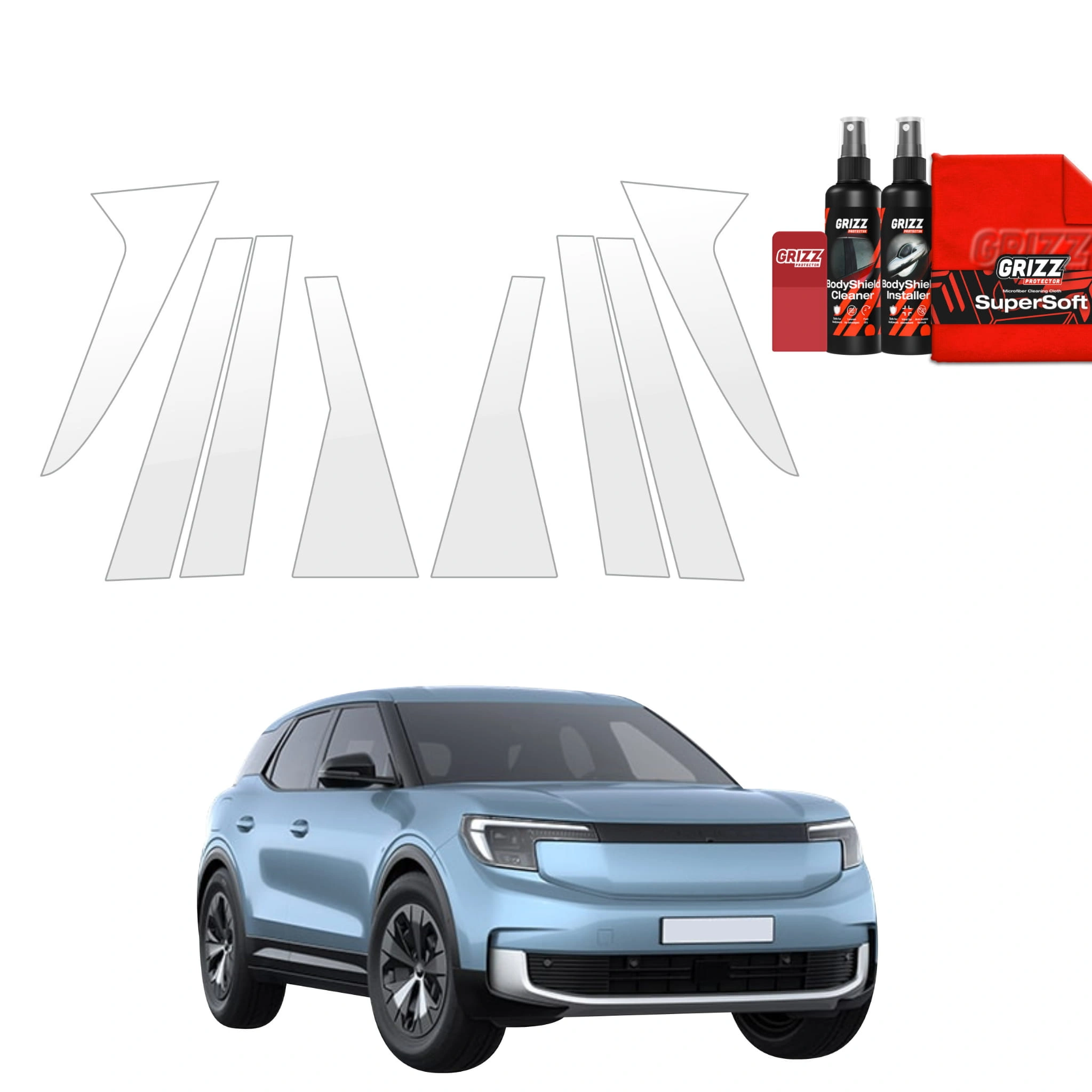 Stolpebeskyttere Ford Explorer EV 2023 -> │ Beskyttelse for stolper - PPF beskyttelsesfolie Gjennomsiktig BodyShield - sett 8 stk.