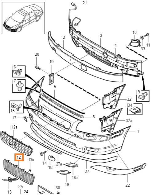Støtfangergrill Volvo Genuine® S80 1999-2006 │ OE 9154736