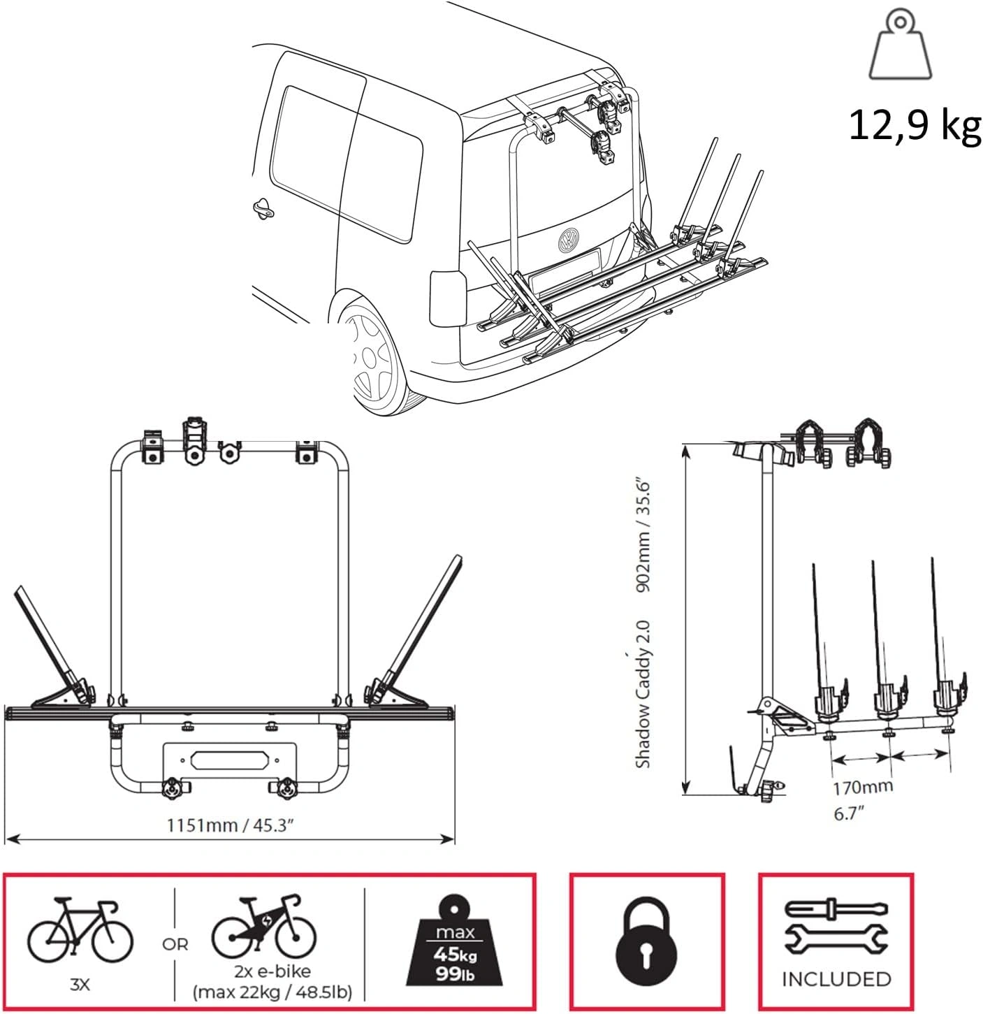 Sykkelstativ til bakluke VW Caddy / Caddy Maxi / Caddy California V (2021+) – maks 3 sykler – bilde 10
