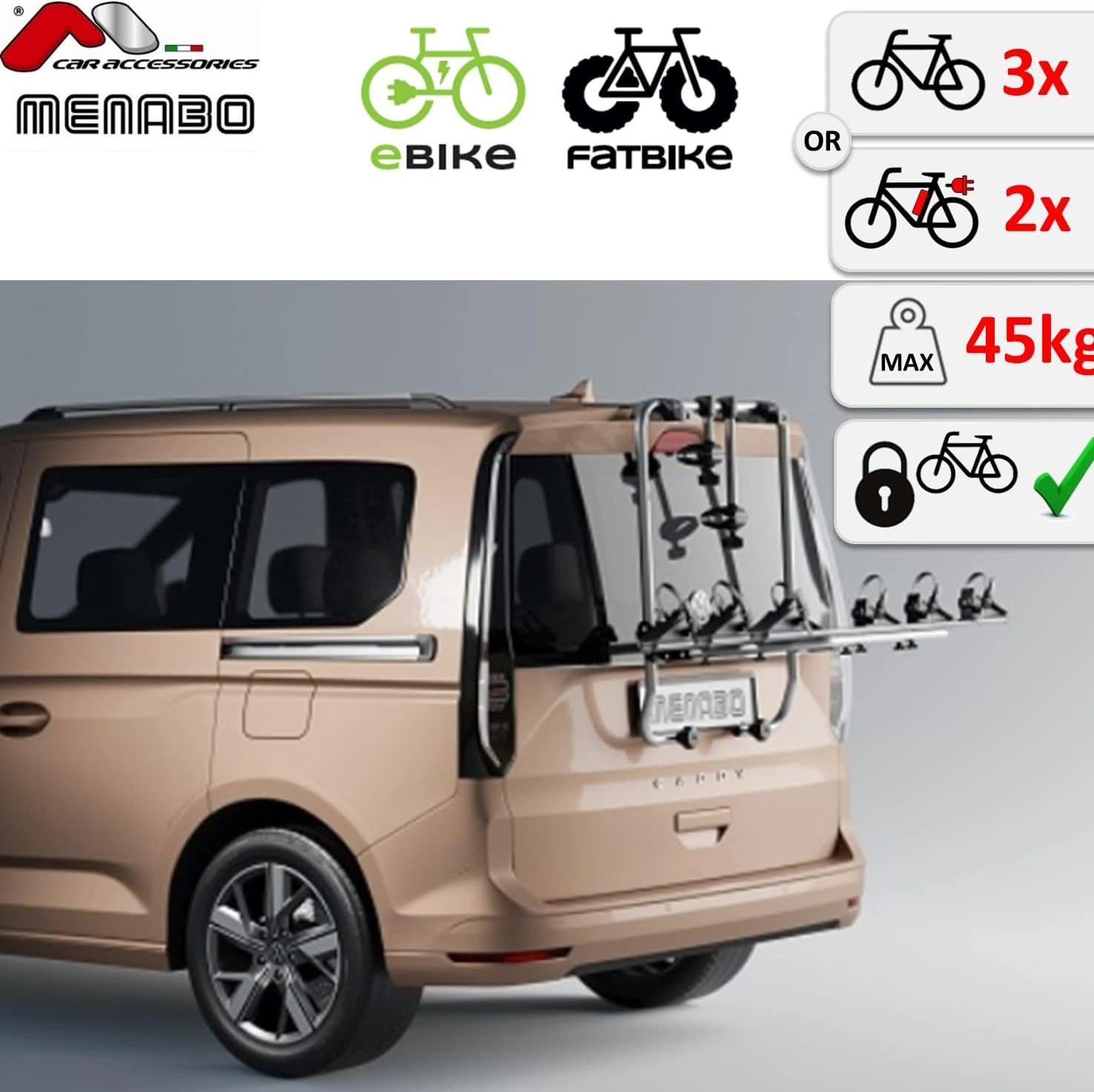 Sykkelstativ til bakluke VW Caddy / Caddy Maxi / Caddy California V (2021+) – maks 3 sykler – bilde 6