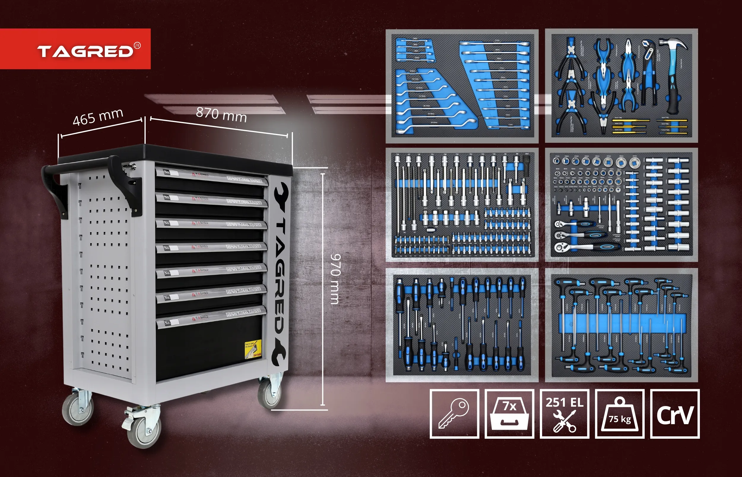 Verktøyskap med 251 verktøy │ Verktøyvogn Tagred Premium Tool Trolley Image 23