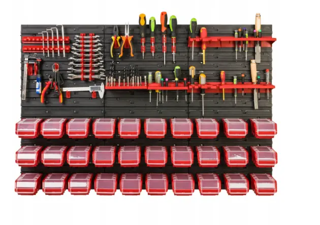 Verktøytavle 117 x 78 cm │ Komplett oppbevaringssystem med kroker, bokser og hyller – bilde 2