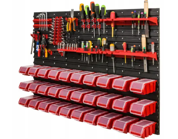 Verktøytavle 117 x 78 cm │ Komplett oppbevaringssystem med kroker, bokser og hyller – bilde 3
