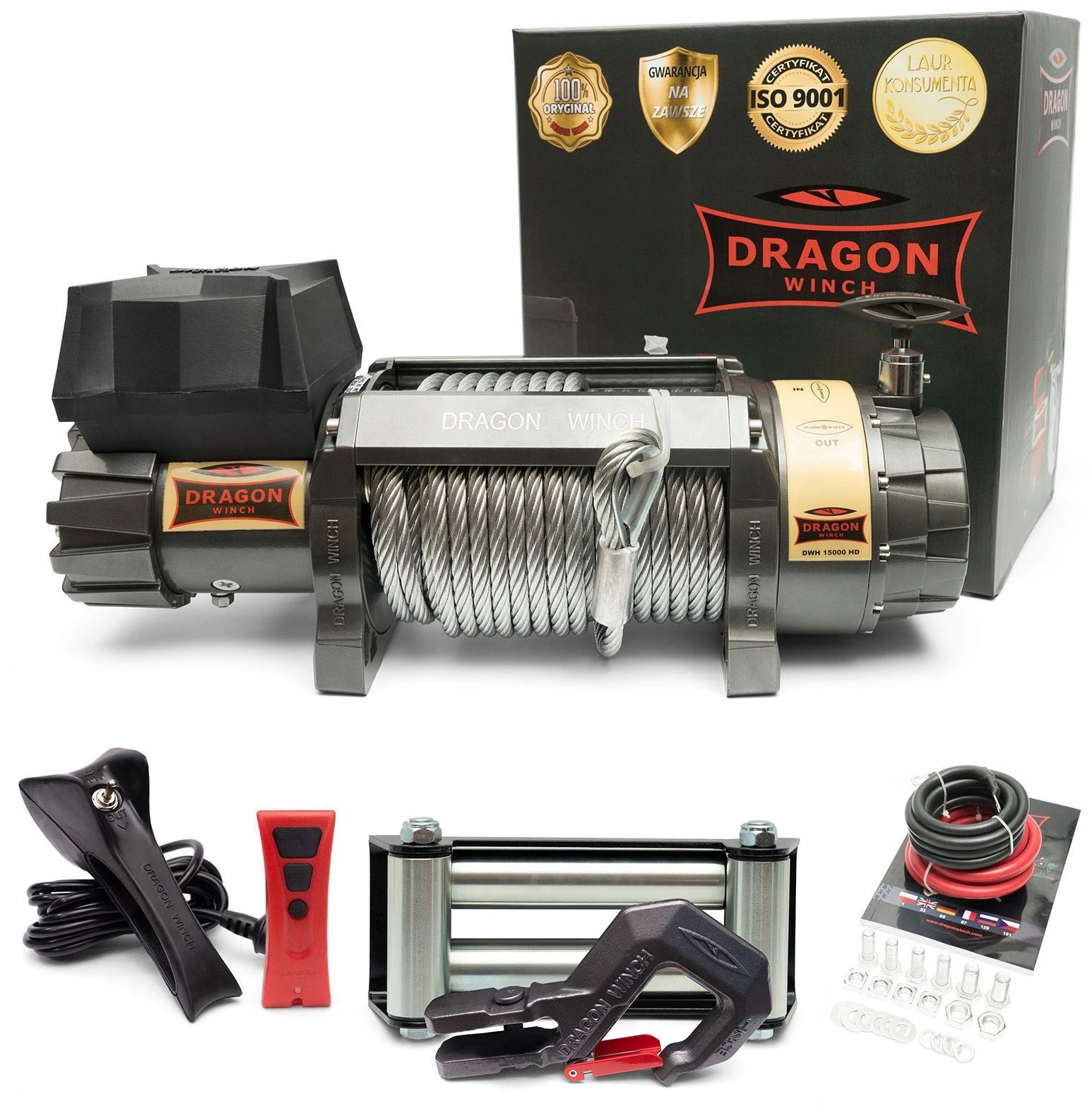 Vinsj Dragon Winch Highlander DWH 15000 HD 12 V med trekkraft på 6803 kg og 28 m stålline
